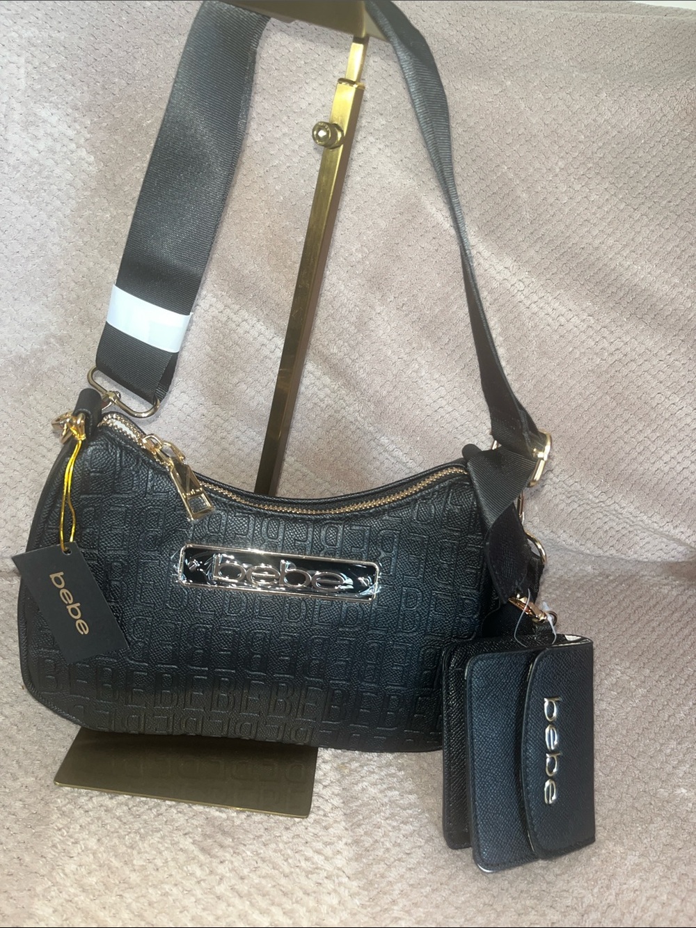 bebe Black Logo-Embossed Shoulder Bag with Coin Pouch and Wide Strap